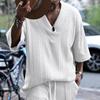 Men Top Knitted V Neck Half Sleeve Loose Baggy Solid Color Retro Applique Elastic