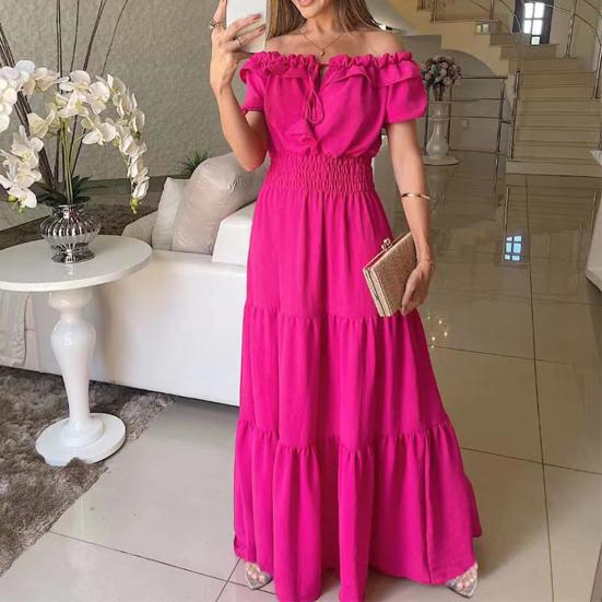Women's Summer Off Shoulder Ruffle Maxi Dress Short Sleeve High Waist A-Line Dress Flowy Beach Long Dress
