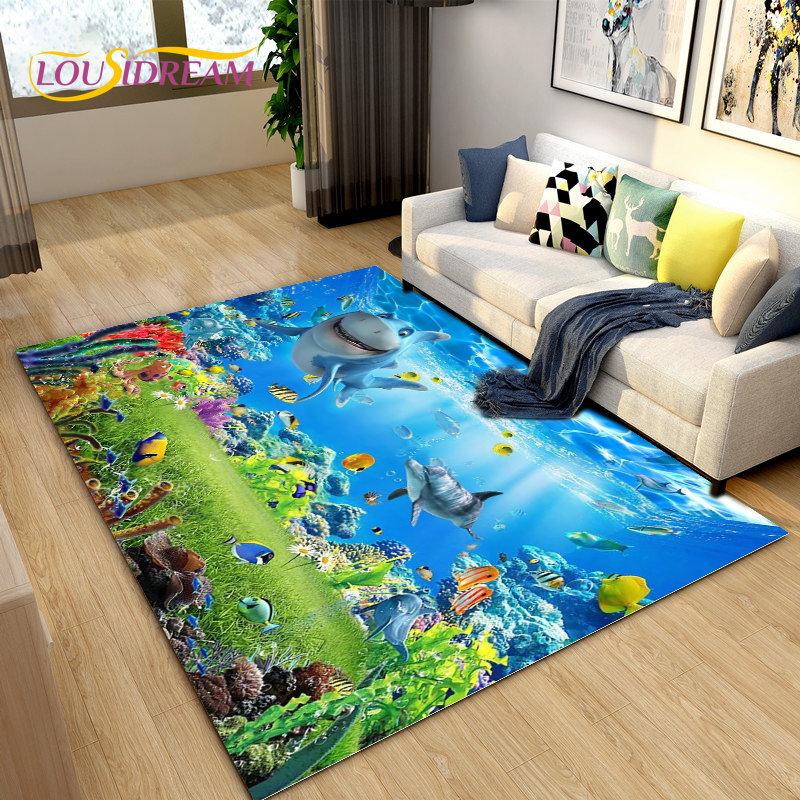 3D иллюзия морского дна, подводный мир, коврик с дельфином и акулой, коврик для гостиной, спальни, дивана, коврик, нескользящий напольный коврик