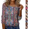 Women's Round Neck Pull Stripe Decorative Button Top Casual Solid Color 3/4 Sleeve T Shirt