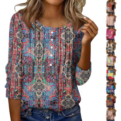 Женский топ с круглым вырезом, декоративными пуговицами и полосками, повседневная футболка однотонного цвета с рукавом 3/4