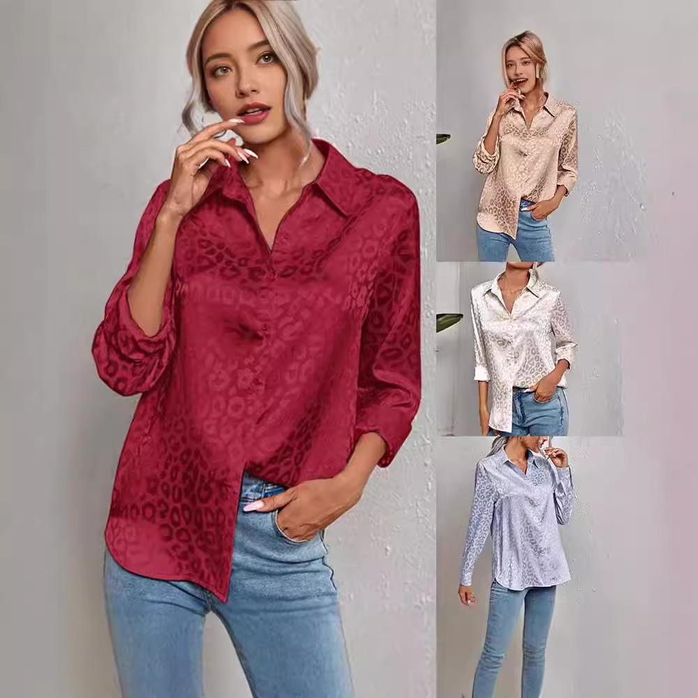 2024 Autumn Women's Elegant Satin Leopard Print Lapel Shirt