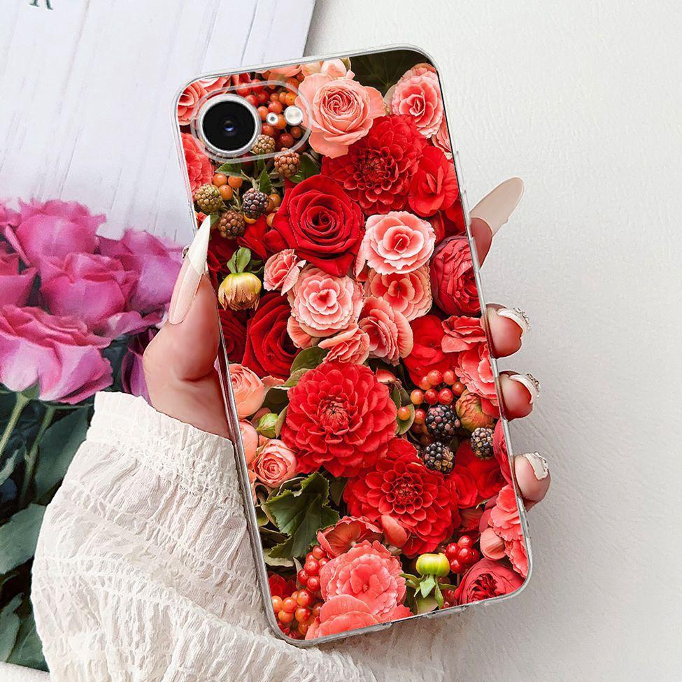 Clear For iPhone 16e A3212 A3409 A3410 A3408 Cover For iPhone 16e Case Fashion Luxury Flowers Cute Funny Painted Soft Bumper