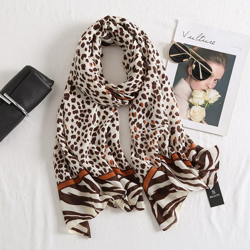 Thin Versatile Color Matching Leopard Print Cotton and Linen Silk Scarf Women's Summer Air-conditioned Room Dual-purpose Long Shawl