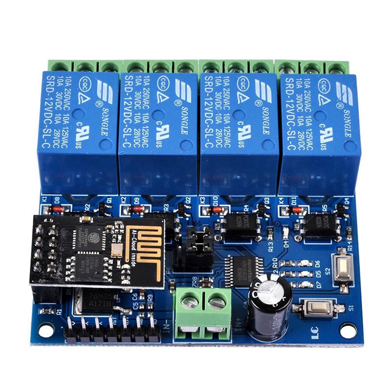 12 В постоянного тока ESP8266, 4-канальная релейная плата ESP-01, модуль WIFI для умного дома, интеллектуальная мебель, 4-канальный релейный модуль WIFI