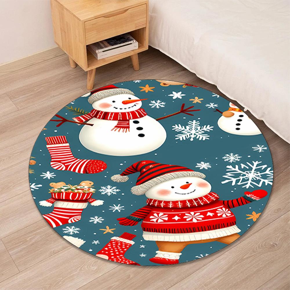 Christmas Snowman Printed Round Rug Carpet Chair Rug Area Rug Entryway Doormats,for Office Chair Living Room Bedroom Kitchen Room.