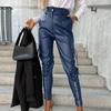 Women Pants Smooth Faux Leather Zipper Decor Slim Fit High Waist Zipper Button Closure Multi Pockets Solid Color Pencil Pants Long Trousers