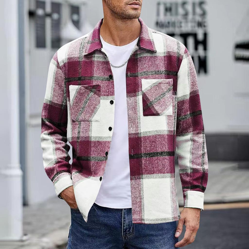 Men's Button Down Double Pocket Warm Plaid Colorblock Casual Comfortable Shirt Jacket