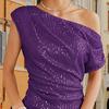 Women Tops Off-Shoulder Skew Collar Shiny Sequins Pullover Tops Soft Elastic Regular Fit Gown Tops Party Wear