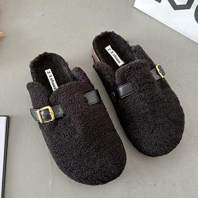 2024 овечья шерсть мюли женские тапочки с пряжкой на поясе зимние сабо обувь женская на платформе с покрытием носок плюшевые меховые шлепанцы уличные пушистые туфли