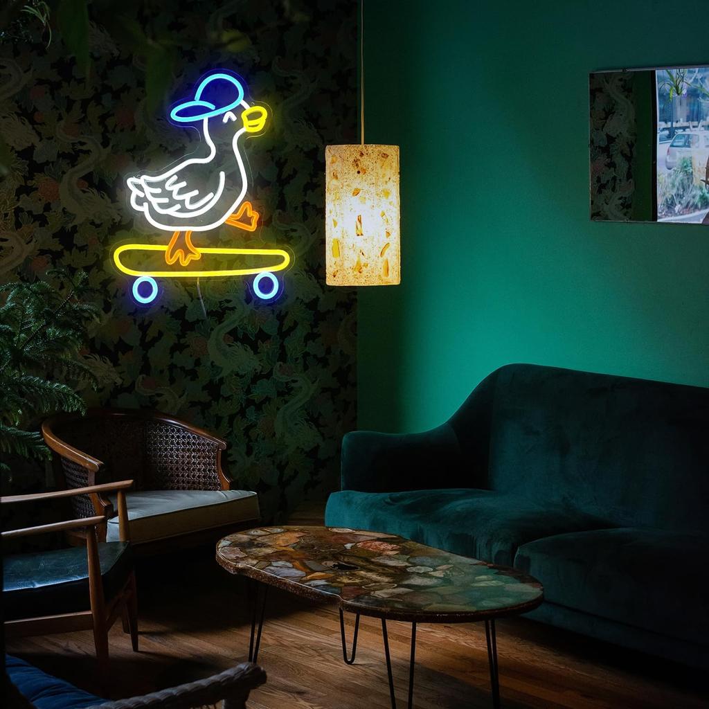 Skateboard Duck Neon Sign Dimmable LED Happy Duck Neon Light USB Powered Hat Duck Light Up Sign Living Room Bedroom Art Wall Decor Boys Girls Gift