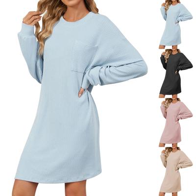 Женское модное платье с круглым вырезом, однотонным карманом и длинным рукавом