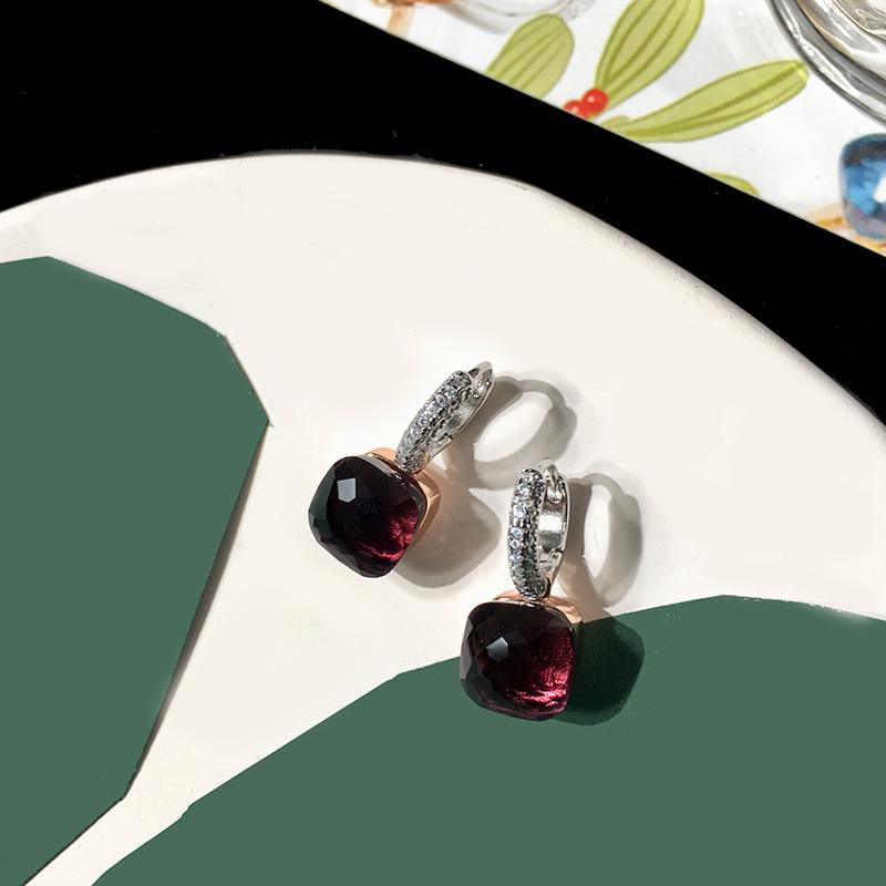 Серьги-пусеты из серебра S925 в стиле знаменитостей – Грибовидная головка с бриллиантовой инкрустацией и квадратным камнем конфетного цвета