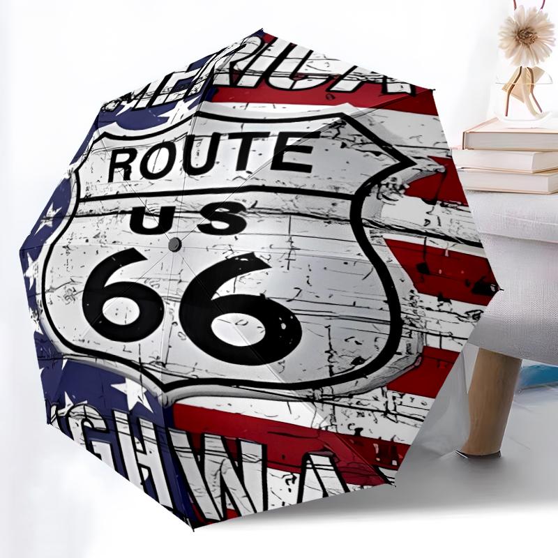 НАС. Автоматический зонт с принтом Route 66, 8 спиц, железный каркас, пластиковая ручка, подходит для путешествий на открытом воздухе и на каждый день, идеальный подарок