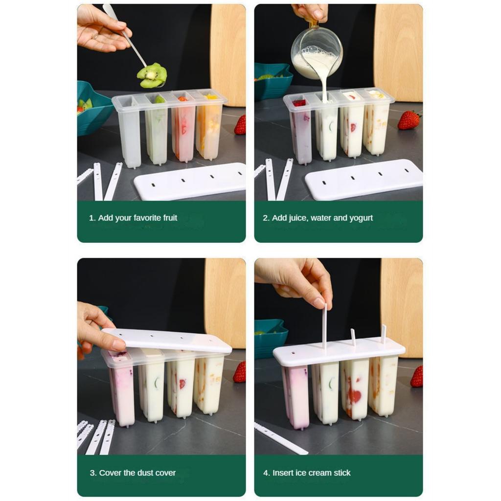 4 Ice Popsicle Mold with Stick&Lid Set Ice Cream Mold Popsicle Ice Cream Mold Ice Tray Diy Ice Cream Reusable Kitchen Tools