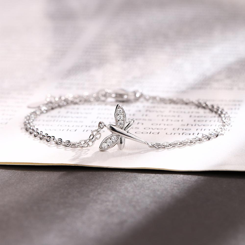 Стерлингового серебра S925 Серебряный браслет Женский изысканный браслет с крыльями насекомых, инкрустированный цирконом, двухслойный маленький браслет со стрекозой