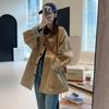 Осеннее корейское контрастное хаки тренч пальто женское повседневное универсальное свободное с отложным воротником женское пальто