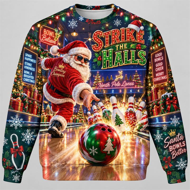 Christmas Bowling Unisex Sweatshirt Santa Snowman Reindeer Gingerbread Gnome Crewneck Xmas Pullover Holiday Sports Party Gift Fun Top