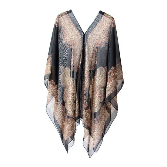 Women Scarf Poncho Cashew Flower Print Multi-function Chiffon Vintage Anti-sun Bikini Cover Up for Beach EMA