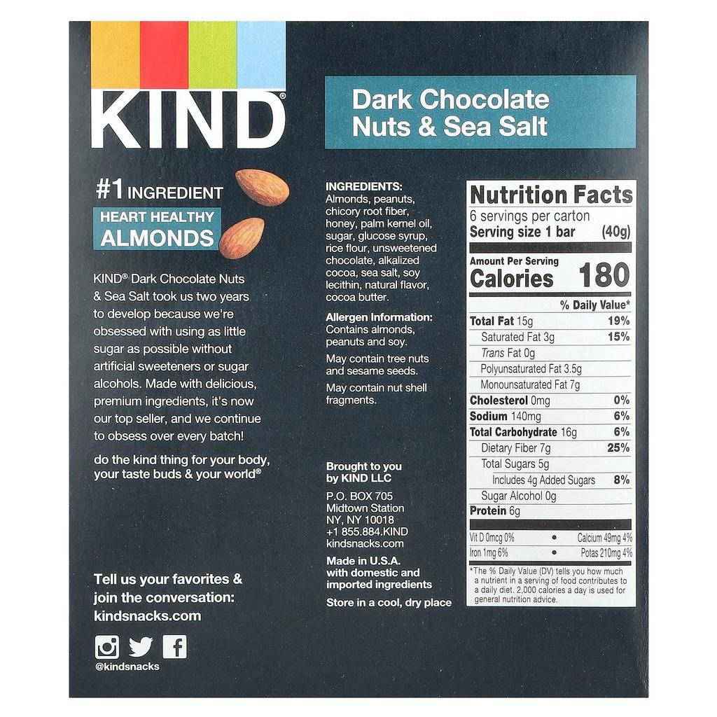 KIND Bars Протеиновый батончик, темный шоколад, орехи и морская соль, 6 батончиков, 1,4 унции (40 г) каждый