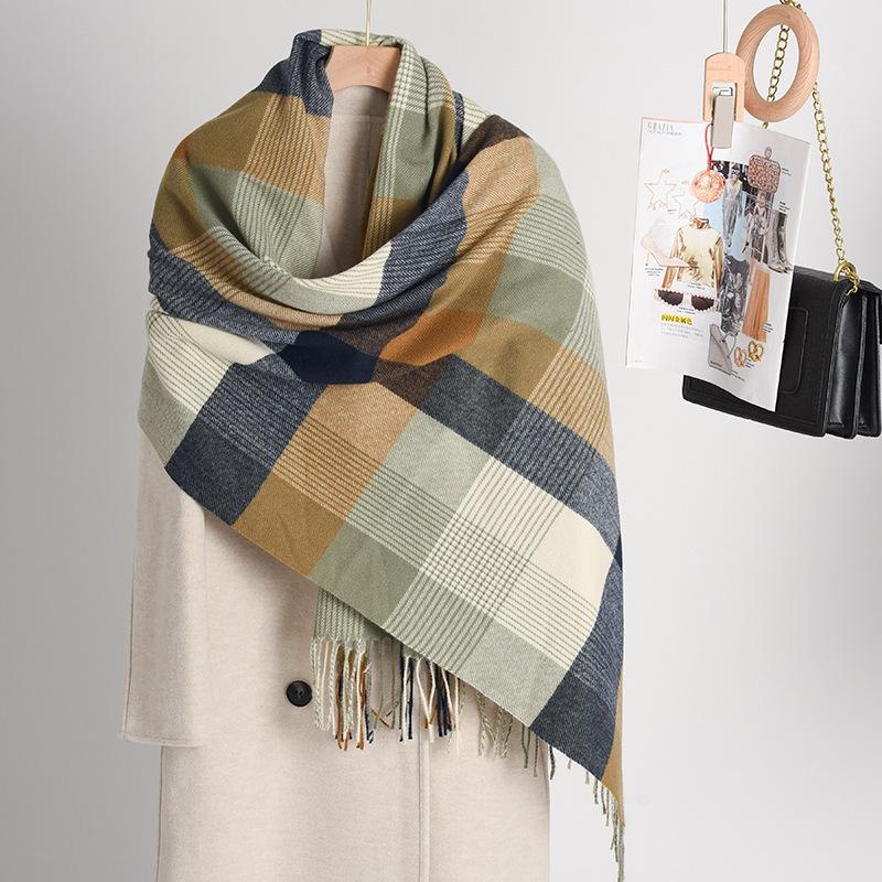 Korean Version New Rainbow Splicing Color Plaid Shawl Female Male Imitation Cashmere Long Scarf Women Men Warm Tassel Muffler