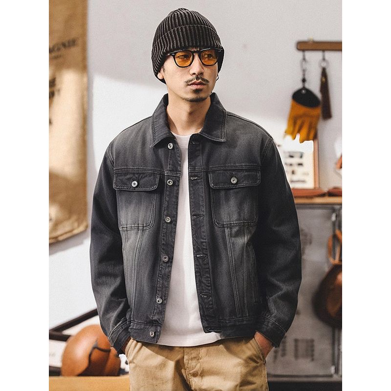 Retro Thickened Workwear Denim Jacket for Men, Autumn and Winter Short Style, Export Men's Clothing, Washed, Structured Shoulder, Stiff Jacket