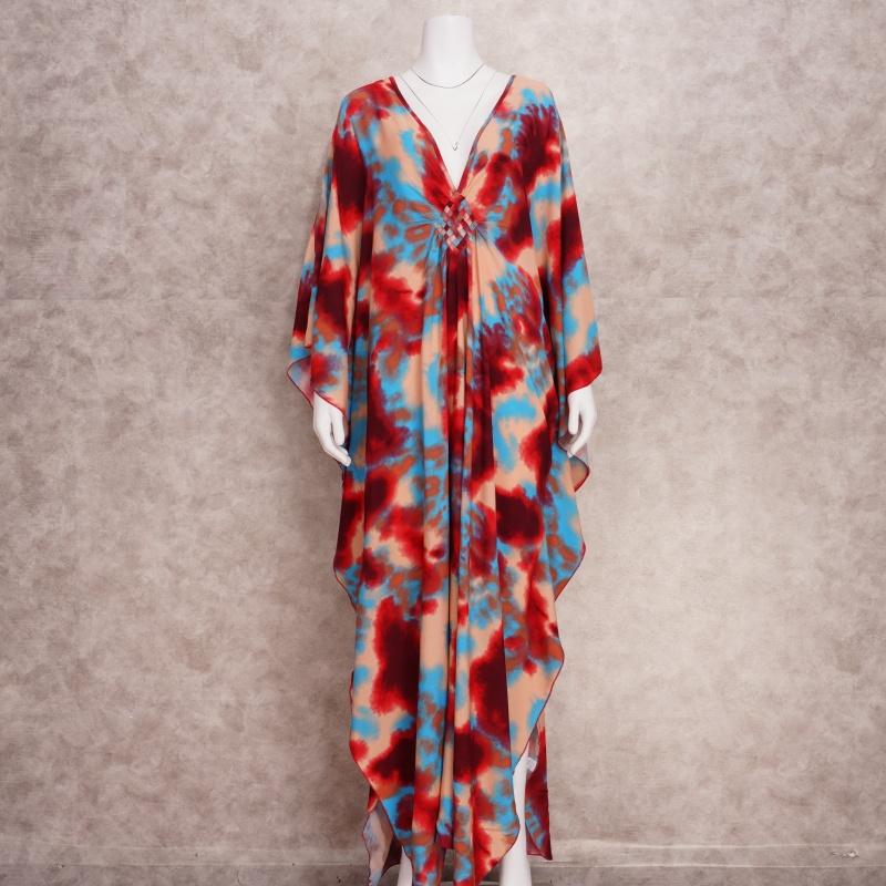 Red Tie-dye Printed Bikini Cover-up Swimsuit Robe Casual V-neck Side Slit Summer Beach Skirt Women's Beachwear Swimsuit Cover-up