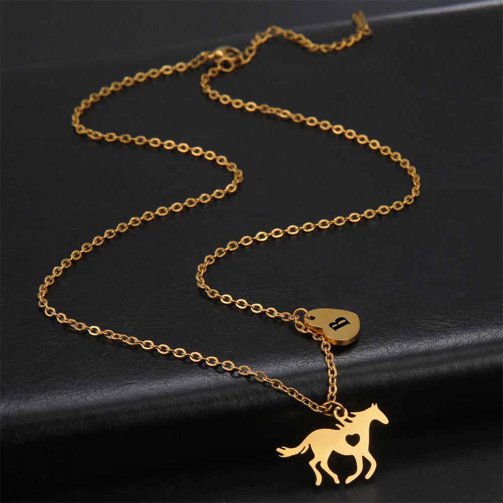 Cazador Animal Horse Initial Necklace for Women Teens Stainless Steel A-Z Letter Heart Choker Necklaces Jewelry Birthday