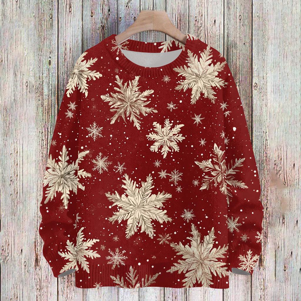 Женский Модный И Повседневный Рождественский Милый Принт Круглый Вырез Длинный Рукав Вязаная Пряжа