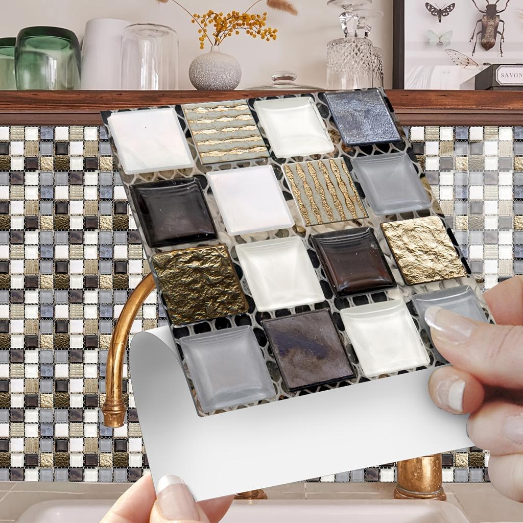 10pcs Mosaic Tile Sticker Waterproof Self-Adhesive Wall Decor for Kitchen & Bathroom - Oil Proof Wall Sticker