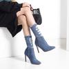 Fashion Hot Selling 2025 New Women's Boots Solid Color Pointed Zipper High Heels Canvas Denim Hole Boots Women's Pointed Thin High Heels