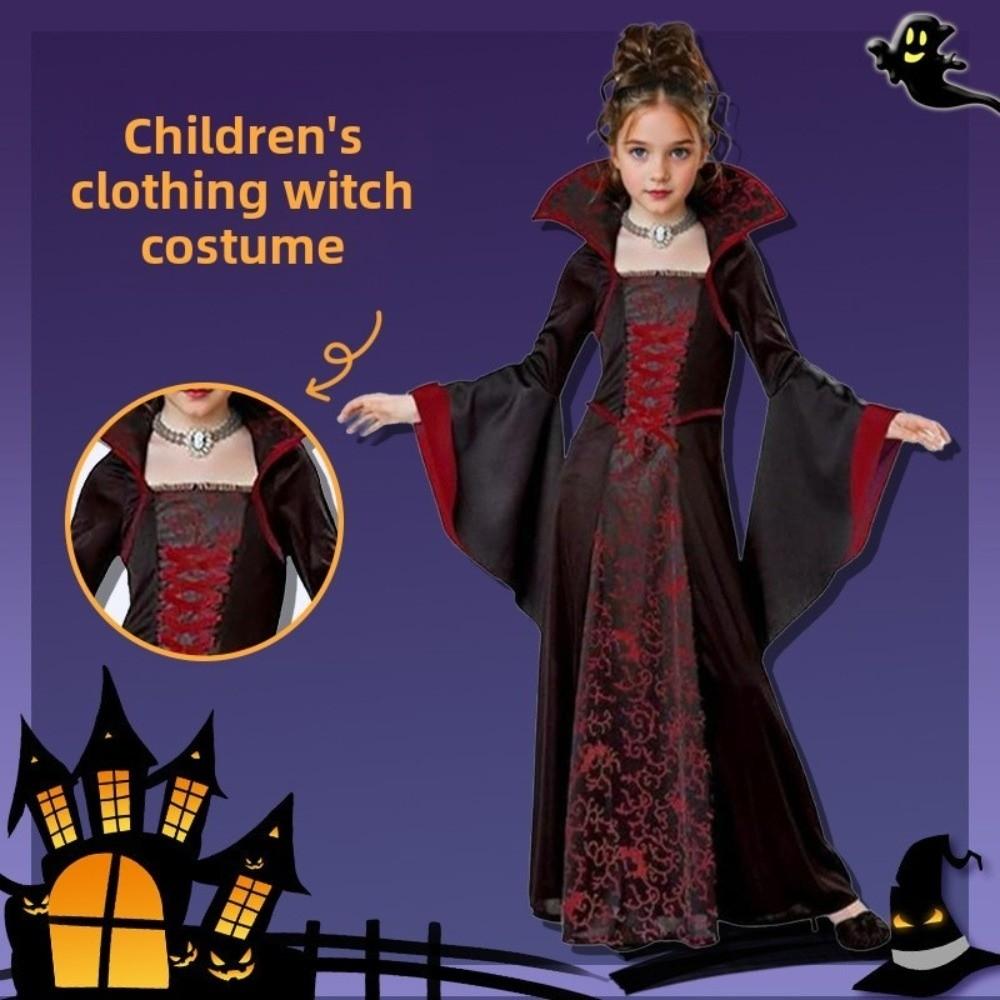 Stand Collar Halloween Witch Long Dress Lace Up Children Medieval Printed Dress Kids