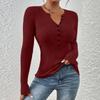 Women's Solid Color Button Knit Pullover V-neck Slim Fit Long Sleeved T-shirt Top