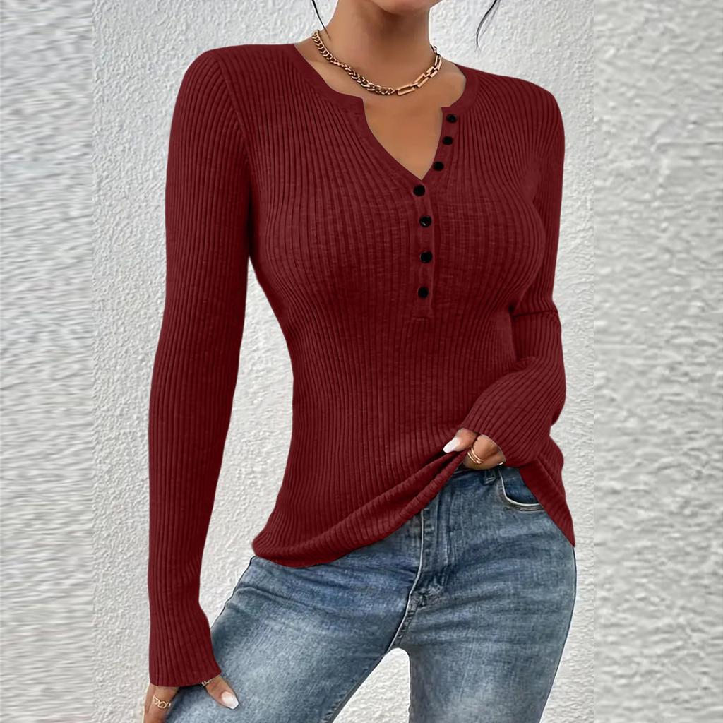 Women's Solid Color Button Knit Pullover V-neck Slim Fit Long Sleeved T-shirt Top