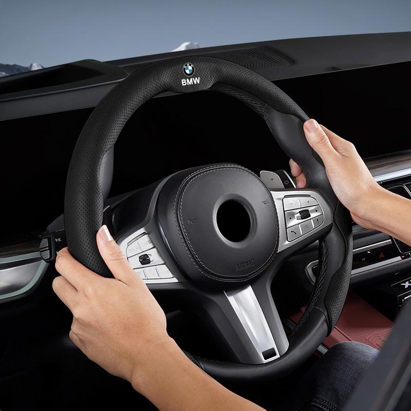 BBIH8 2026New Leather Fabric Car Steering Wheel Cover Valve Cap Accessories For BMW X1 X2 X3 X5 X4 X6 X7 iX3 F20 F10 F07 E70 E46 E90 E