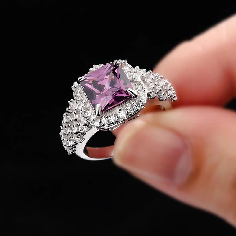 Luxury Adjustable Rings Jewelry Square Purple Zircon Silver Color Opening Wedding Party Ring for Women Gifts
