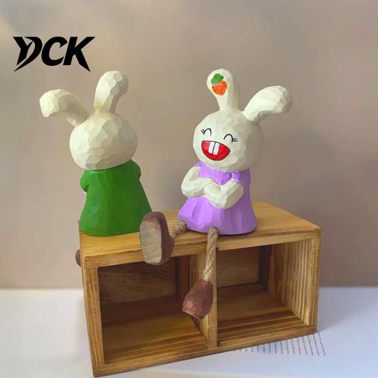 Handcrafted Hemp Rope Crafts Leggy Rabbit Figurine Ornament, Basswood Desktop Sitting Natural Wood Texture Home Decor Bunny, Creative Ornament for And