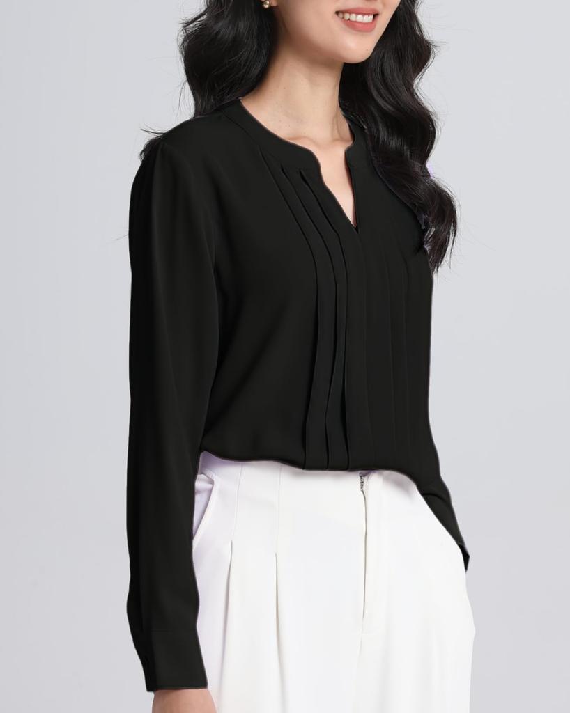 SPRING SEAON Long Sleeve Chiffon Blouse with Tucked Loose Plus Sizes Suitable for Size 4L Women's V-Neck Detail, Fit, Available, Suits, Office,