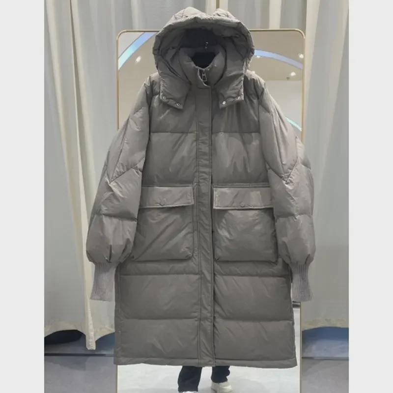 Женское хлопковое пальто длиной до колена из толстого белого утиного пуха с капюшоном 2024 года - зимняя мода в корейском стиле