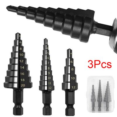 Последние 3 шт. HSS азотирования черные ступенчатые сверла 4-12 мм 4-20 мм с титановым покрытием, дерево, металл, резак для отверстий, набор инструментов для корончатого сверления