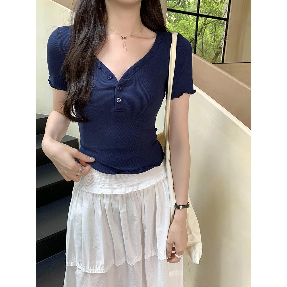 No price reduction #front shoulder button V-neck short-sleeved T-shirt women's fungus edge design slim-fit top