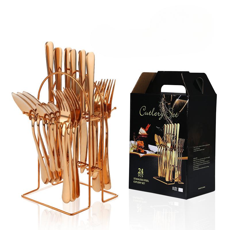 Stainless Steel Tableware 24 Pieces Suit Western Food Four Main Pieces Knife, Fork and Spoon with Storage Rack Gift Set Suit