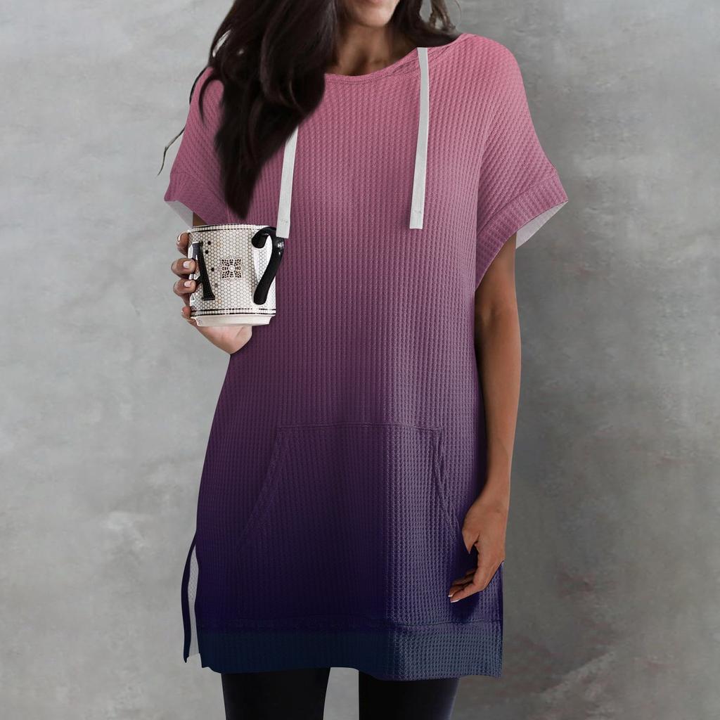 Женские свободные рубашки с принтом, толстовки с короткими рукавами и шнурком, вязаная туника с боковыми разрезами, топы с капюшоном и карманом