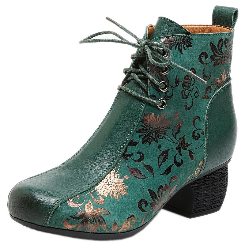 Модные ботильоны GKTINOO из натуральной кожи 2025 Зима Новые Этнические Принтованные Женские Ботинки Мягкая Подошва Толстый Каблук Кожаные Ботинки для Мамы