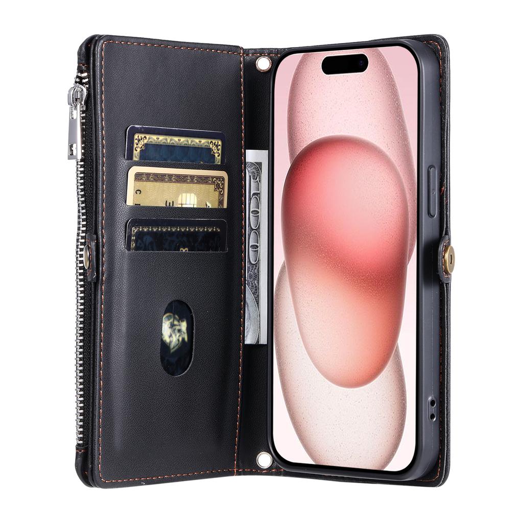 015 Style For iPhone 15 Pro Max Case Zipper Pocket Leather Wallet Phone Cover