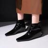 Женские черные лакированные ботильоны из натуральной кожи, винтажные короткие сапоги с заостренным носком, увеличивающие рост, 2024, зимние теплые рыцарские сапоги