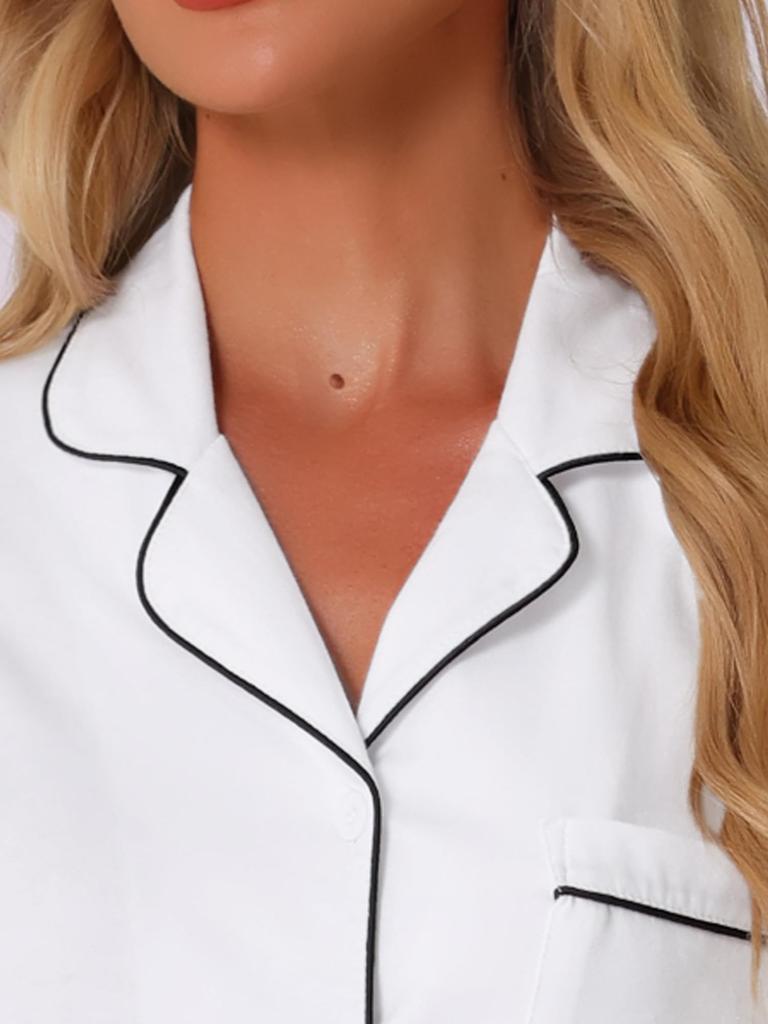 Cheibear Летняя пижамная рубашка с длинным рукавом Размер XS Женское платье, На пуговицах, Белый,