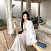 Korean Lace Long-Sleeved Shirt with Suspenders & White Fishtail Maxi Skirt - Women's Three-Piece Set for Spring/Summer 2025
