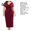 Women Dress V Neck Plus Size Short Sleeve Belted Tight Waist Solid Color Sheath Slim Fit Mid Calf Length Soft Evening Dress Formal Midi Dress