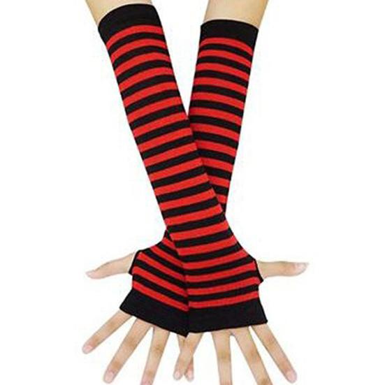 Длинные полосатые митенки для женщин, зимние длинные перчатки без пальцев, повседневные вязаные перчатки до локтя с отверстием для большого пальца